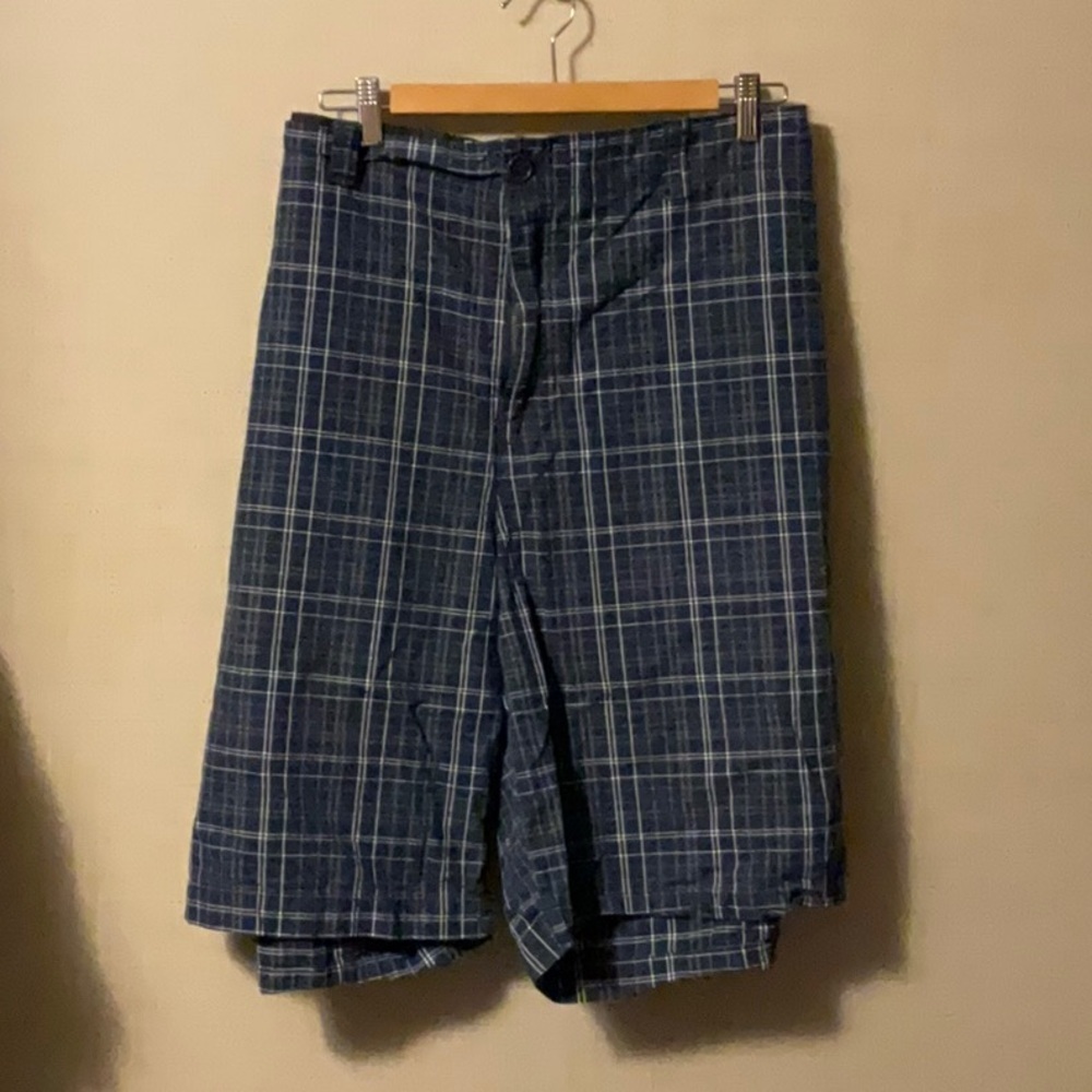 Men's Blue Plaid Flat Front Shorts